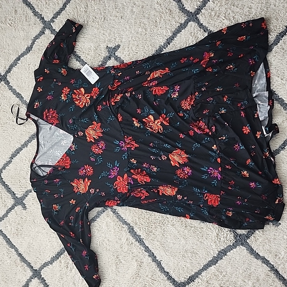 Black Floral V-Neck Women’s Dress with Red & Orange Blooms